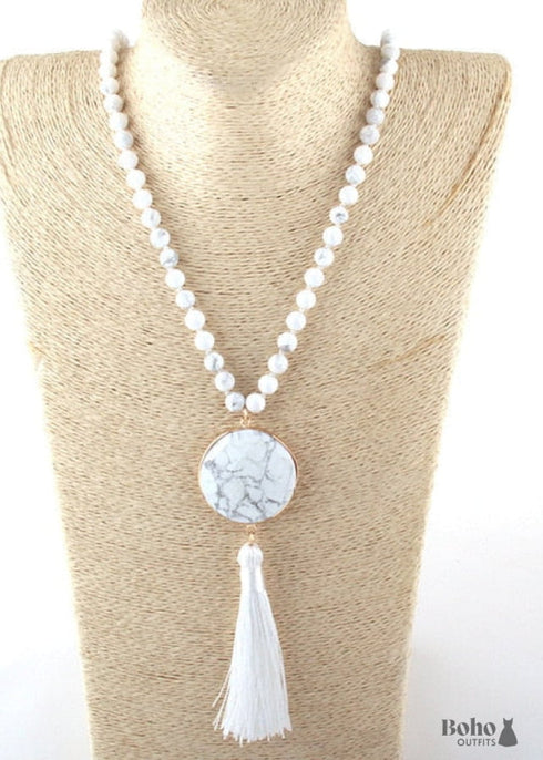 Boho Necklace, RH Amazonite Jasper, Circle Tassel Green White Natural Stone
